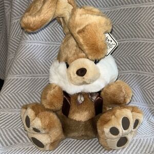 Vintage Bunny Rabbit Plush Stuffed Animal 15" Tan Green Ribbon Suspenders P4‎